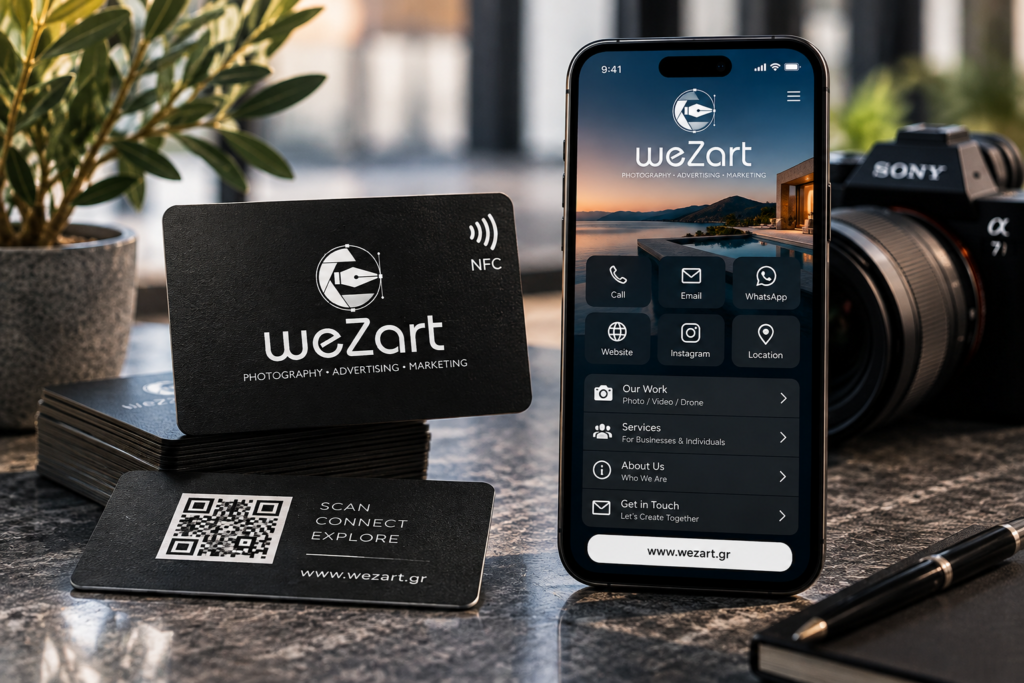 NFC business cards by WeZart – digital business card with QR code and smartphone